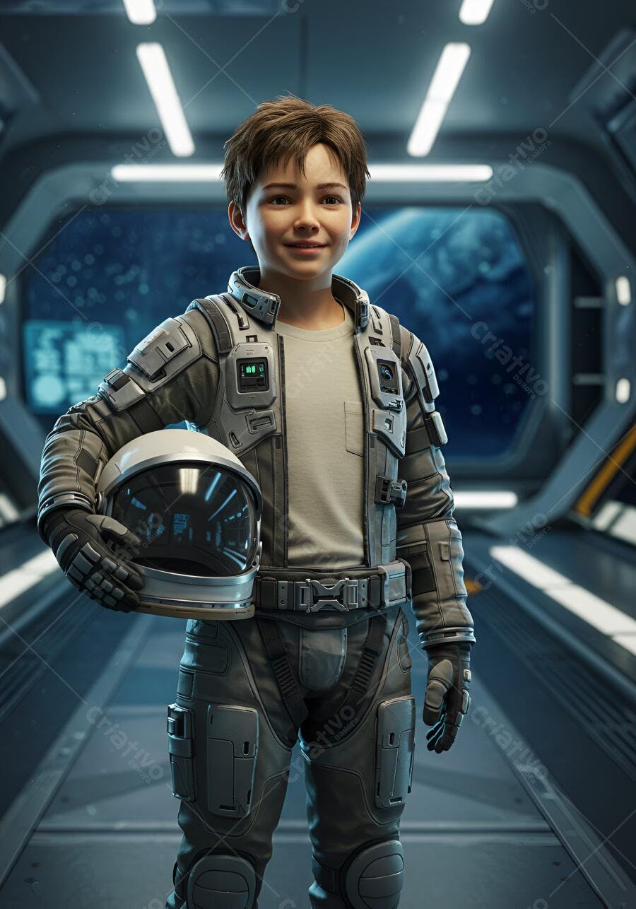 Menino astronauta feliz com capacete em traje espacial cinza dentro de nave espacial