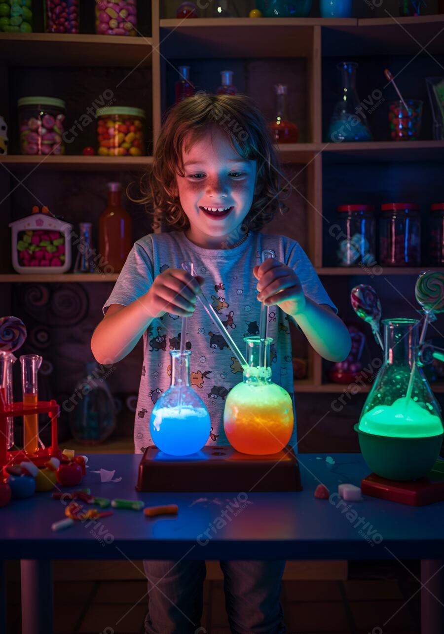 Menino feliz fazendo experimento científico colorido com líquidos brilhantes