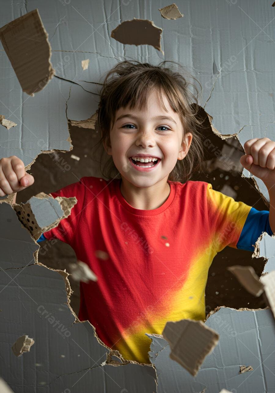 Menina feliz de camisa vermelha e amarela quebrando parede de papelão cinza