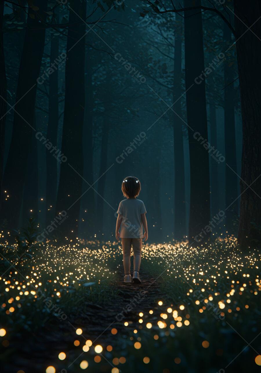 Menino caminhando em floresta escura com luzes mágicas no chão