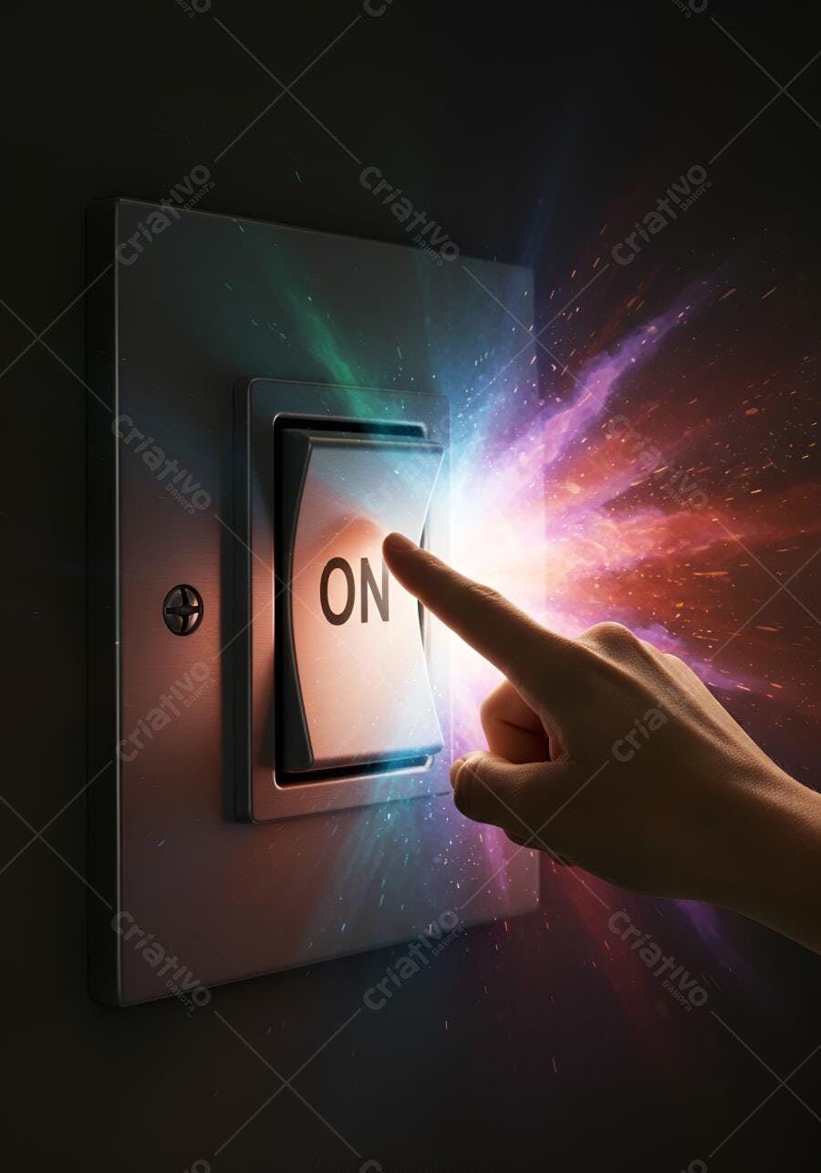 Mão pressionando interruptor ON com explosão de luz colorida prata e tons vibrantes