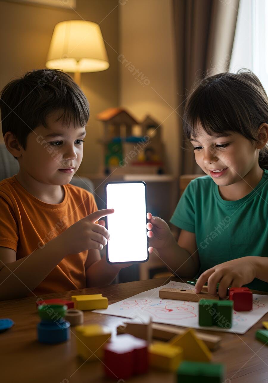 Crianças engajadas com smartphone tela branca e blocos de montar coloridos em casa