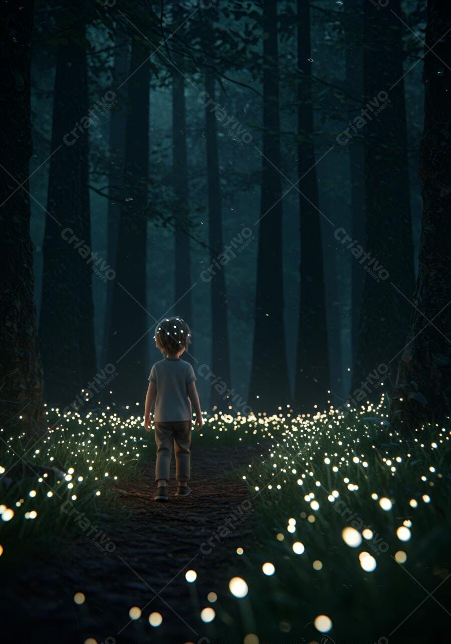 Menino criança andando em floresta encantada com luzes mágicas neon