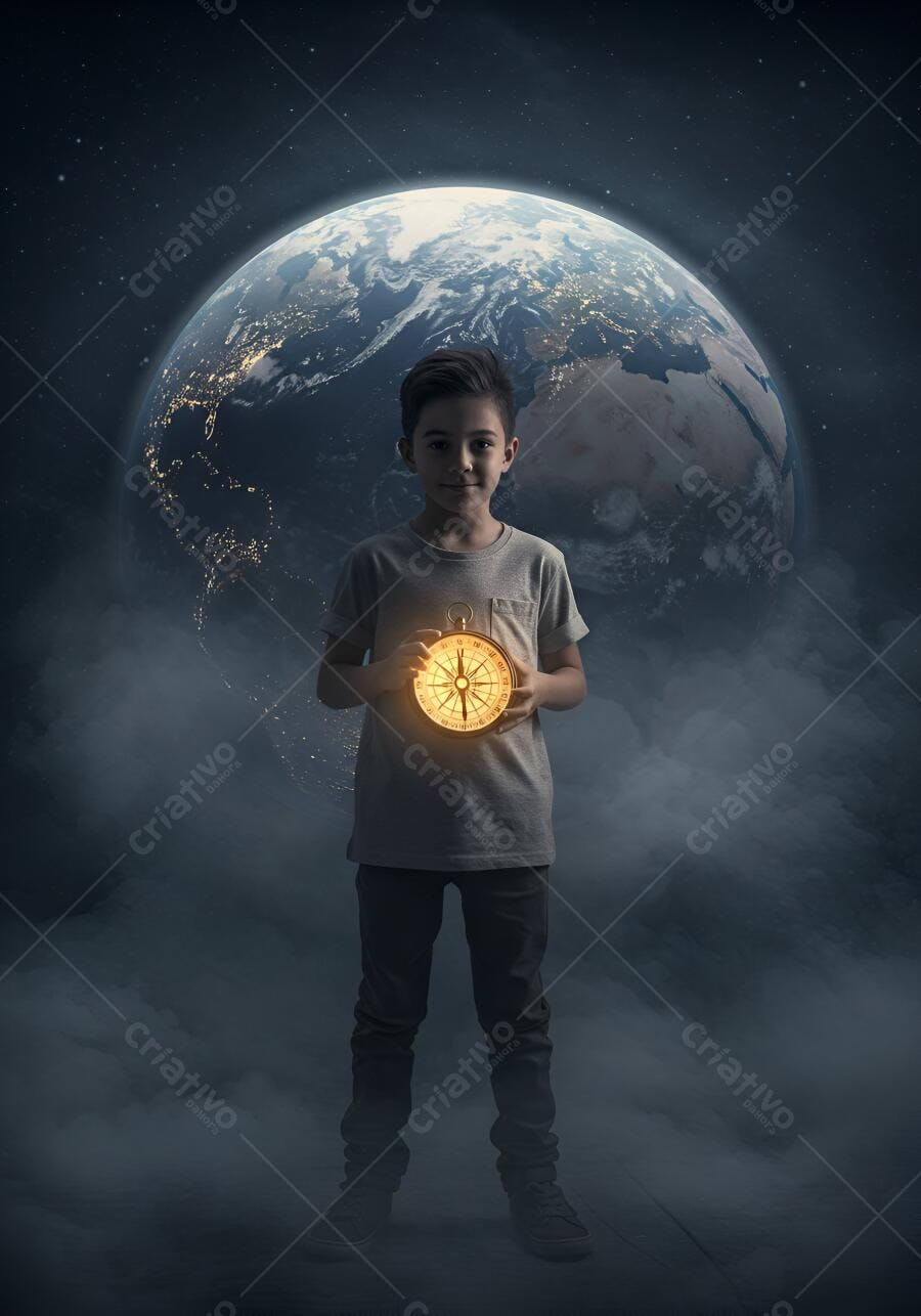 Menino criança segurando bússola dourada brilhante com a Terra e estrelas no espaço