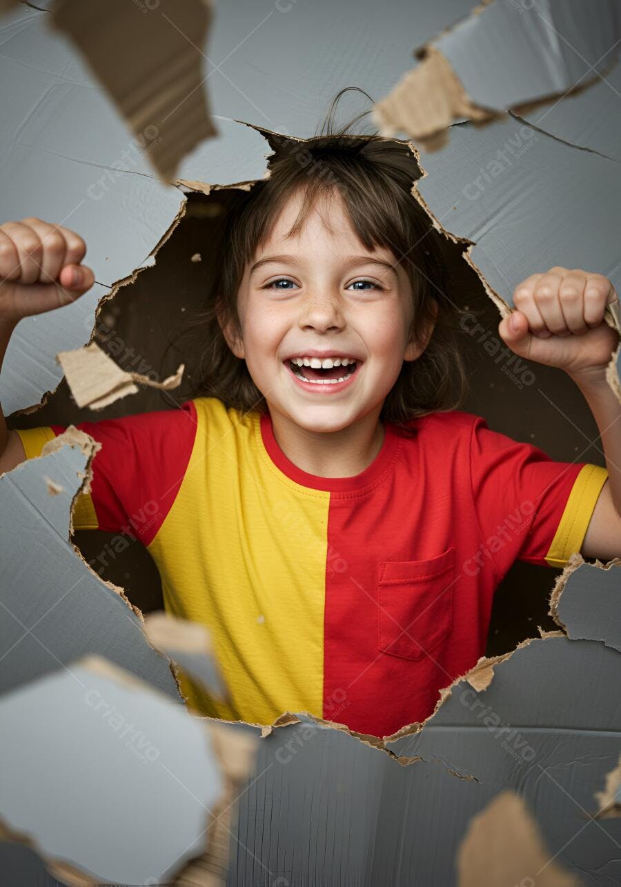 Criança feliz de camiseta vermelha e amarela espreitando de caixa de papelão