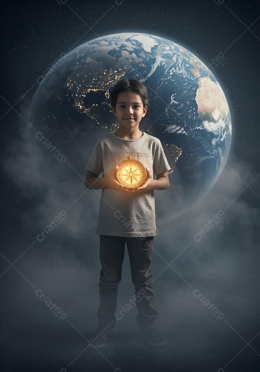 Menino feliz segurando bússola dourada brilhante em frente ao planeta Terra