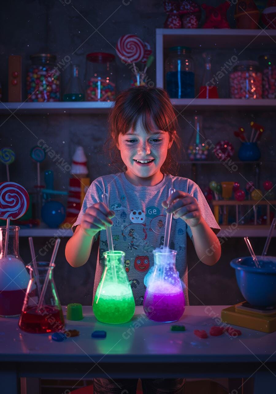 Menina caucasiana feliz fazendo experimento científico com líquidos brilhantes coloridos