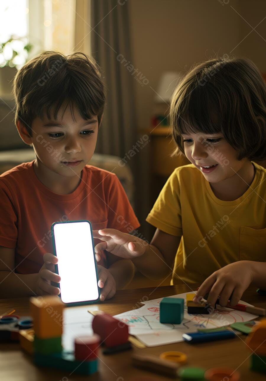 Meninos curiosos olhando celular com tela branca e blocos de montar em casa