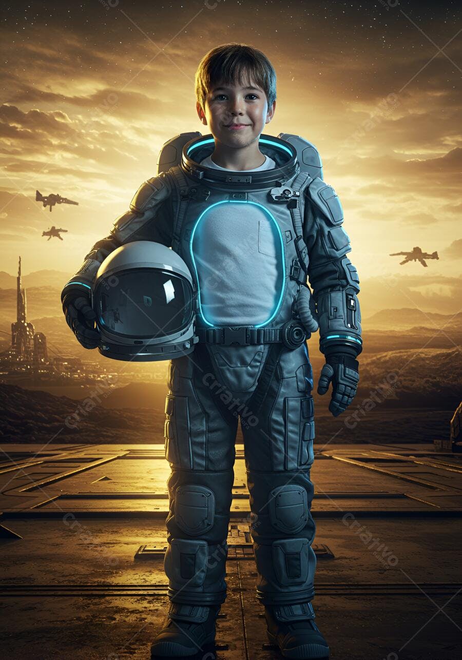 Menino astronauta sorridente em traje espacial cinza com luz azul em planeta alienígena