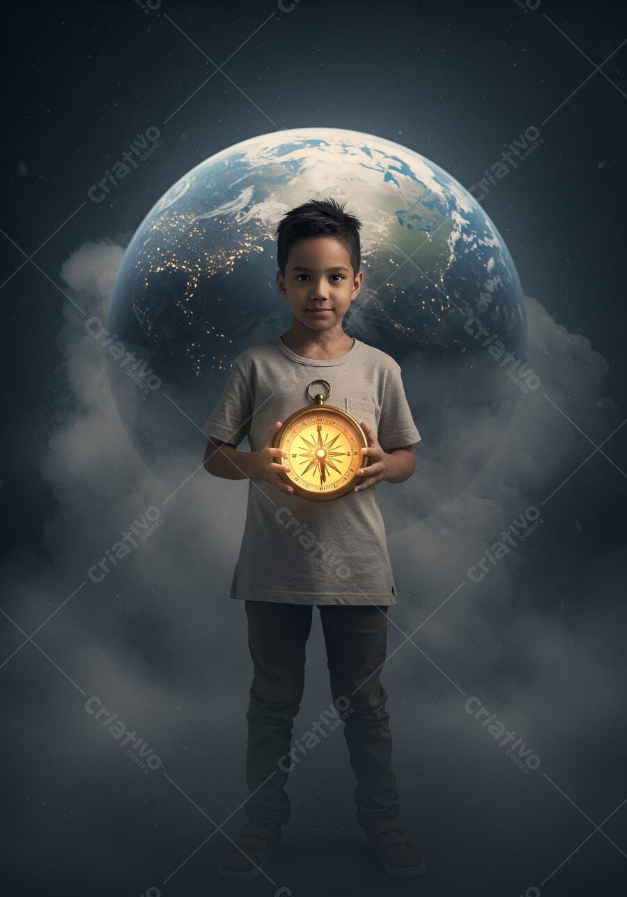 Menino segurando bússola dourada brilhante com planeta Terra e estrelas ao fundo
