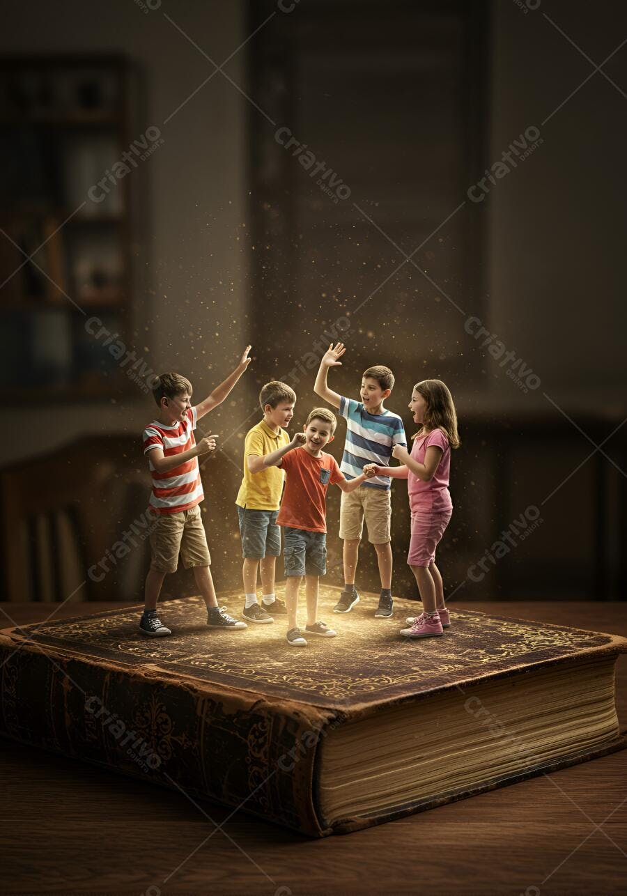 Cinco crianças felizes brincando sobre livro gigante com luz mágica e brilhos dourados