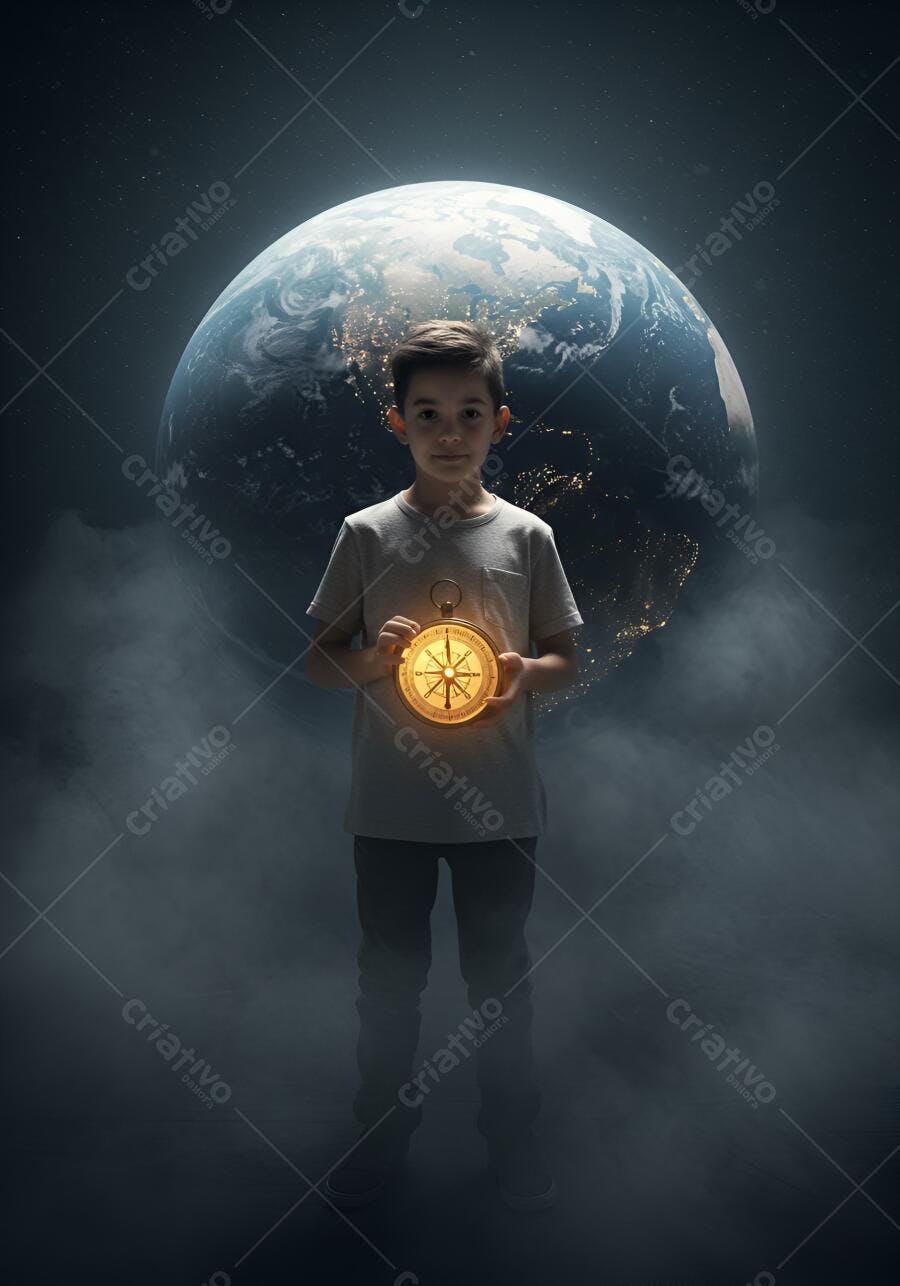 Menino jovem segurando bússola dourada brilhante com a Terra e estrelas no espaço profundo