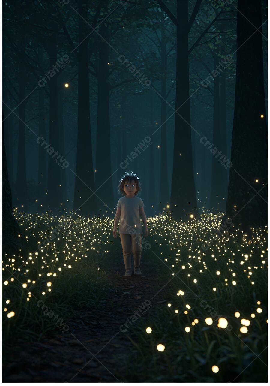 Criança em floresta escura iluminada por luzes mágicas