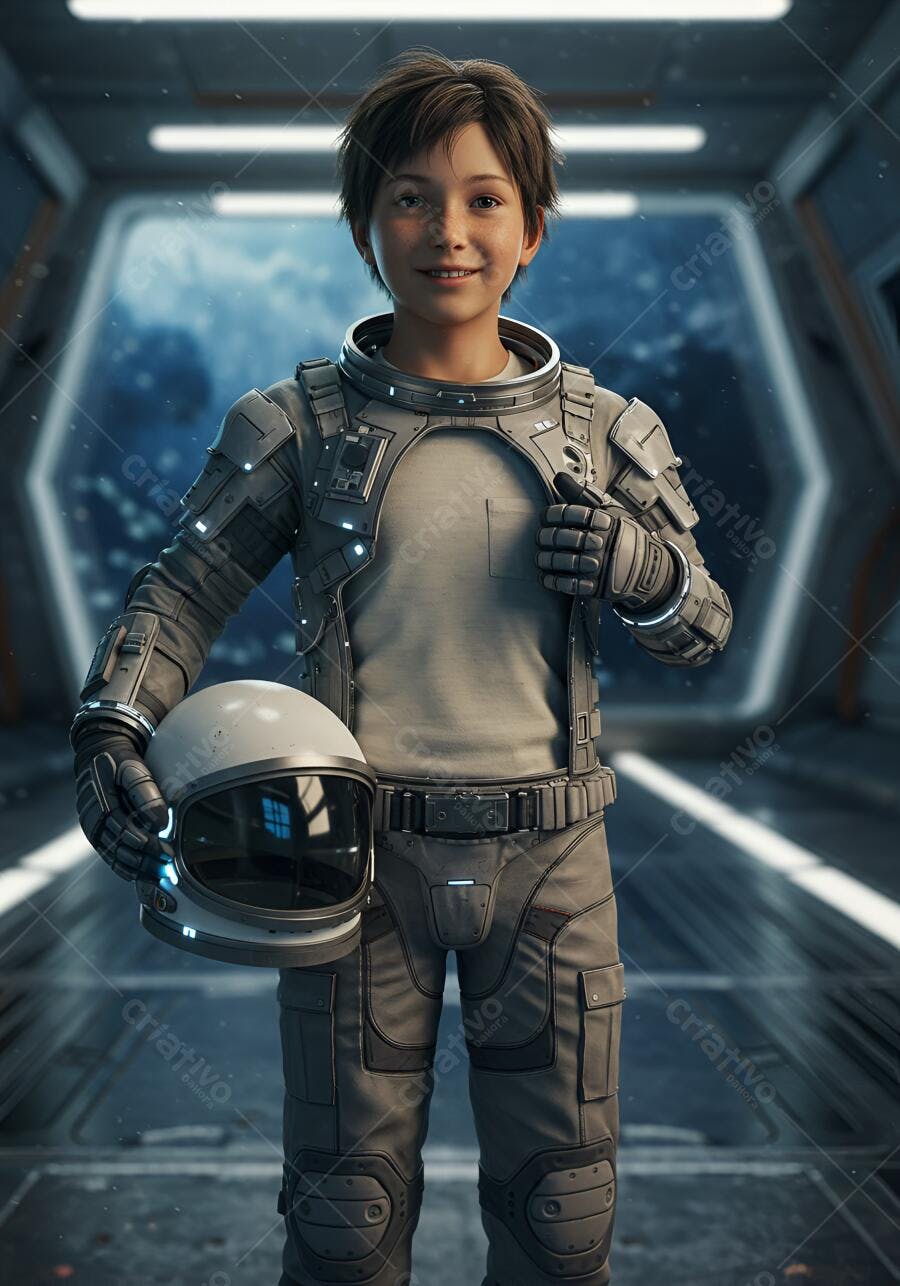 Menino caucasiano sorridente de traje espacial cinza segurando capacete em nave futurista