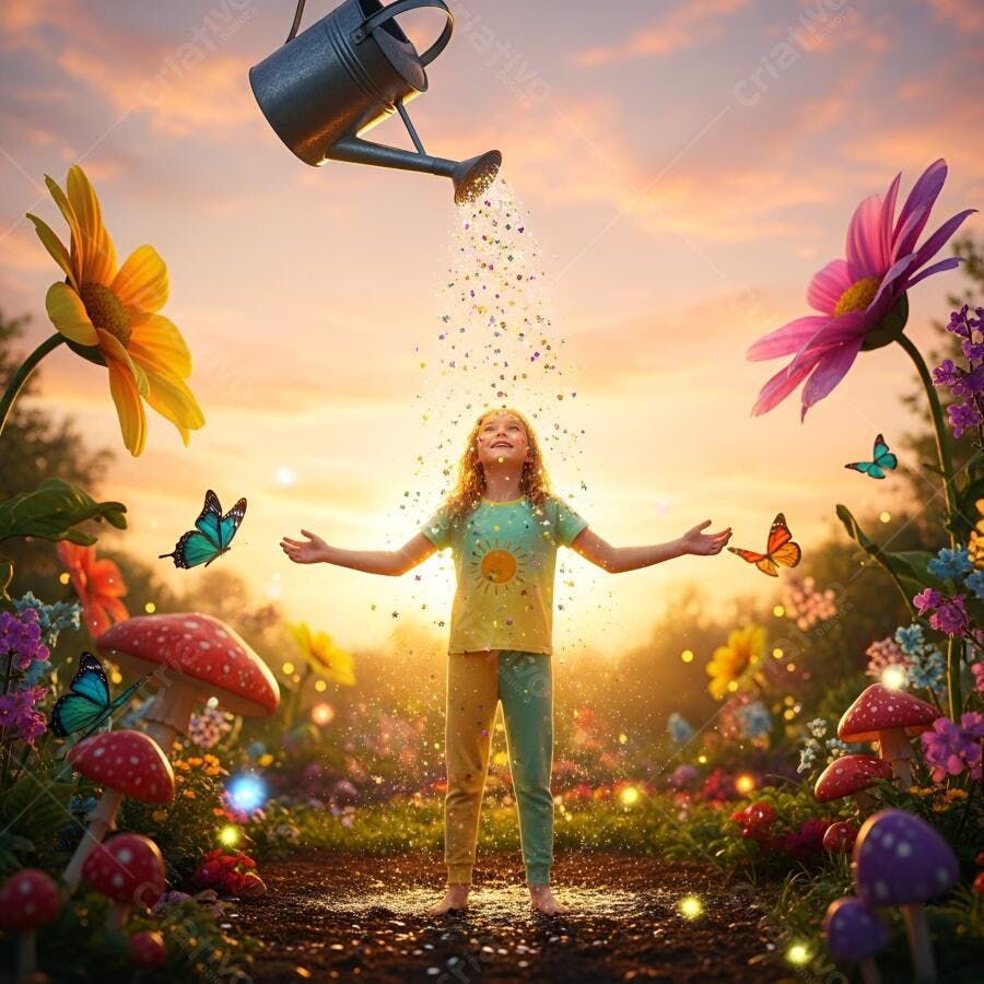 Menina loira feliz em jardim mágico com flores gigantes e borboletas ao por do sol
