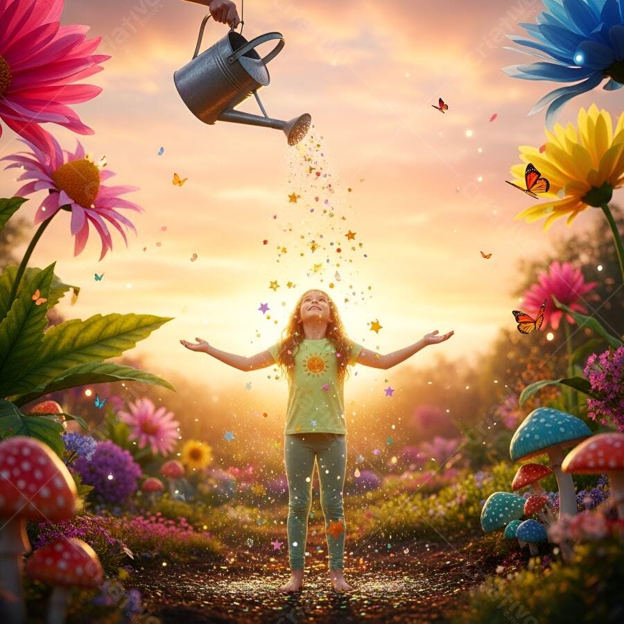 Menina feliz de cabelos ruivos regada com estrelas em jardim mágico ao pôr do sol