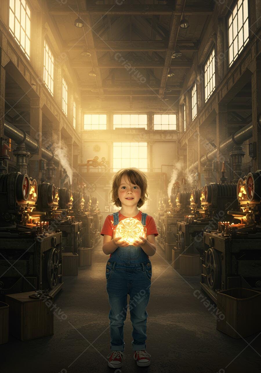Menino criança caucasiano com luz brilhante em fábrica steampunk industrial