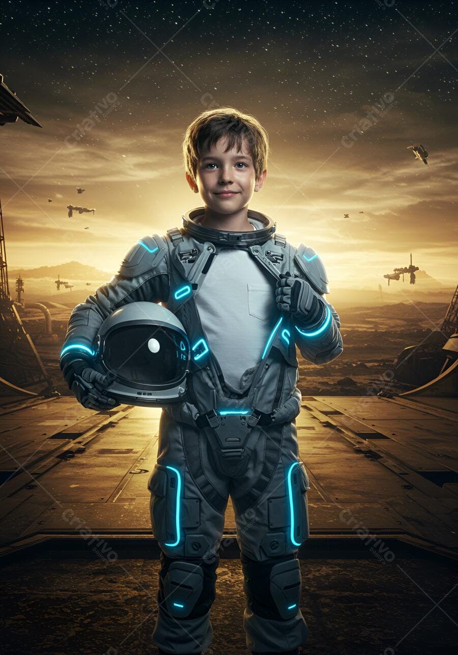 Menino sorrindo em traje espacial azul neon com capacete em planeta alienígena