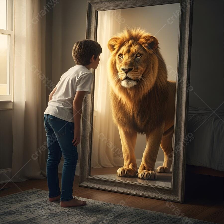 Menino em quarto olhando reflexo de leão no espelho grande