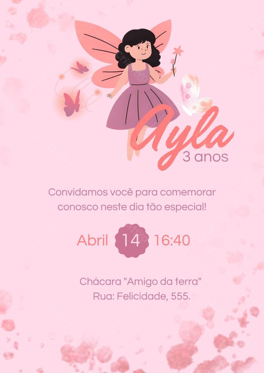 Convite aniversário infantil fada rosa com borboletas aquarela Editável no Canva
