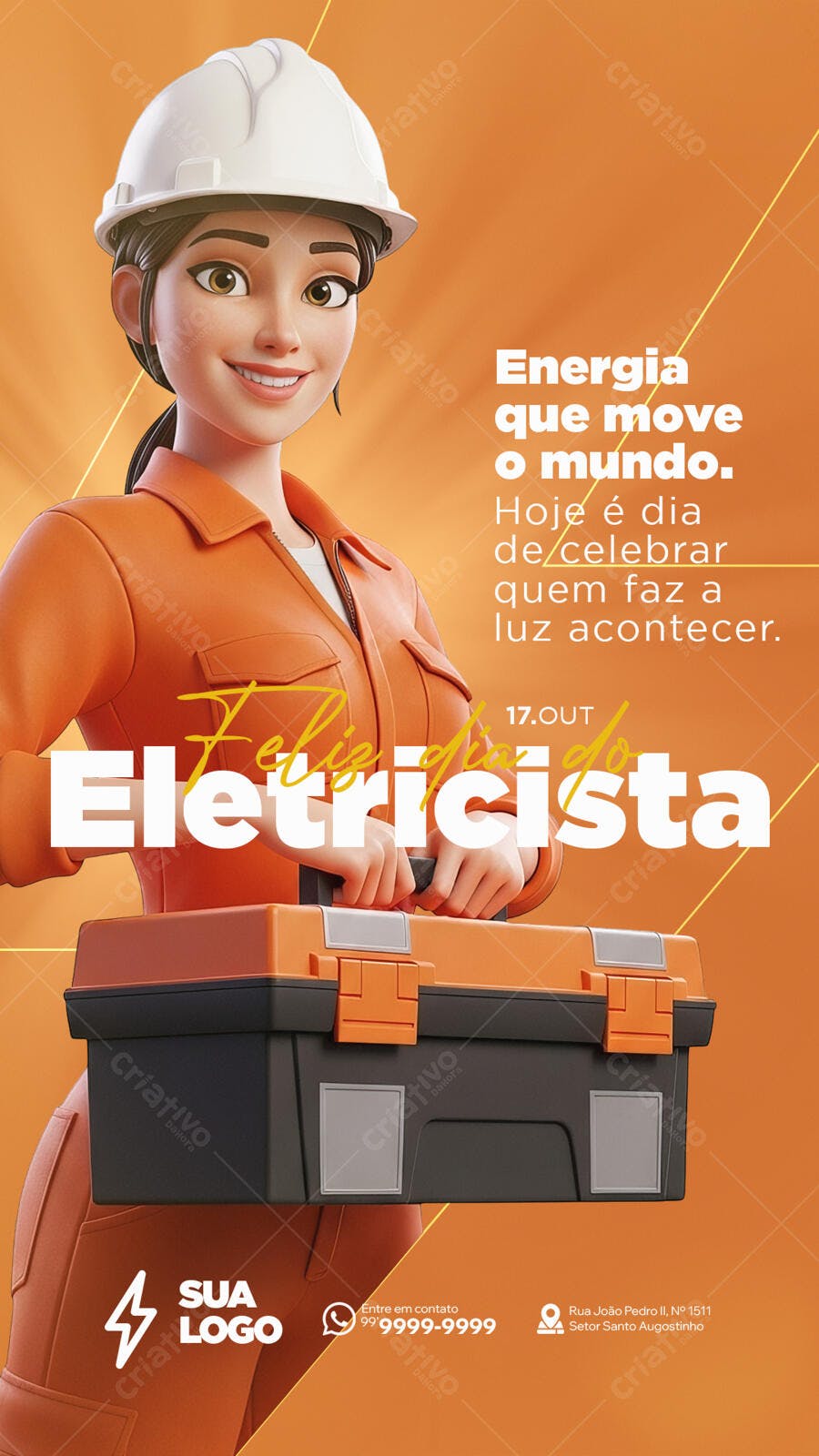 Flyer Dia do Eletricista com Mulher 3D e Caixa de Ferramentas PSD Editável