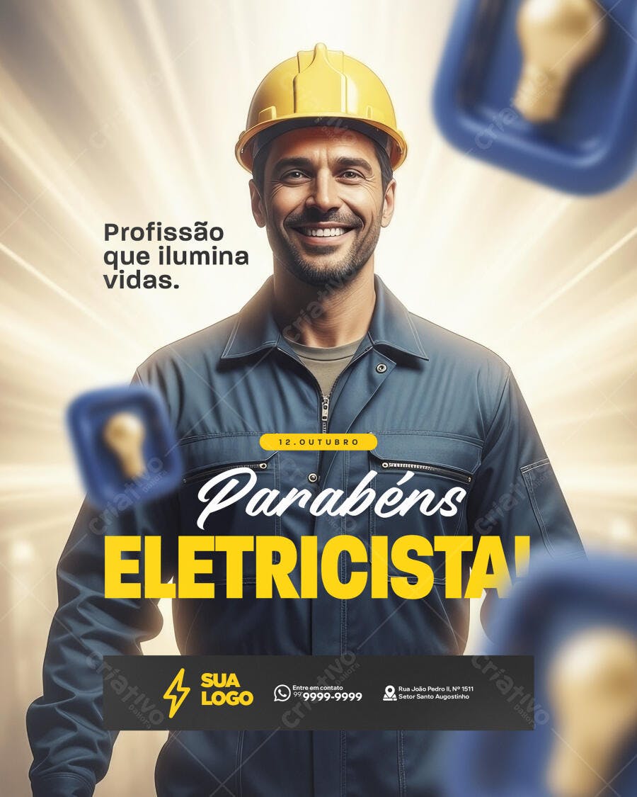 Flyer Dia do Eletricista com Profissional Sorrindo PSD Editável