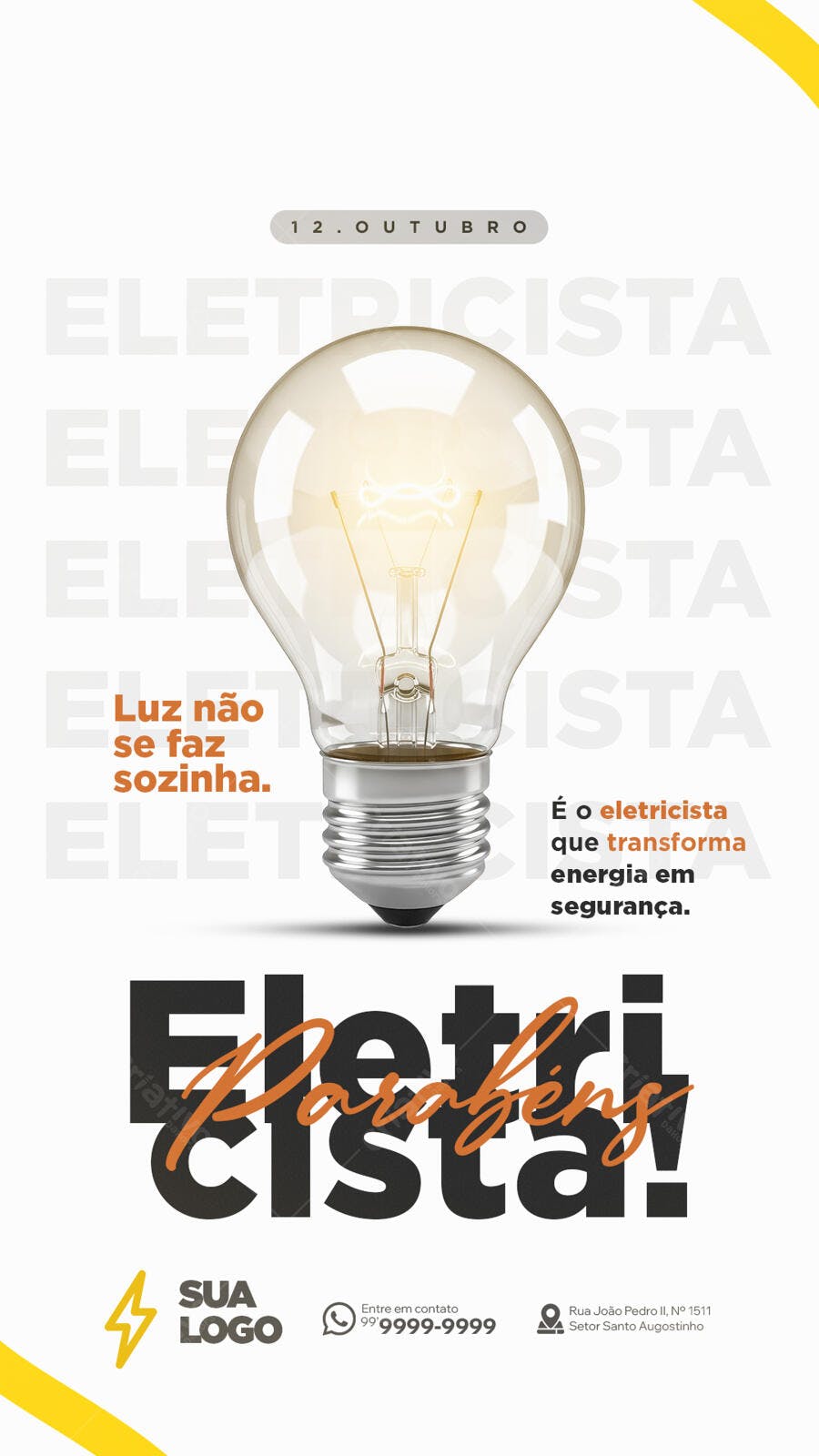 Flyer Profissional Dia do Eletricista com Lâmpada Brilhante PSD Editável