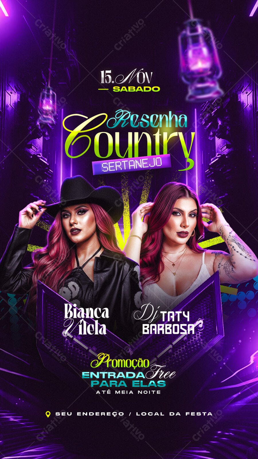 Flyer Resenha Country Sertanejo Mulheres Bianca Vilela Dj Taty PSD Editável