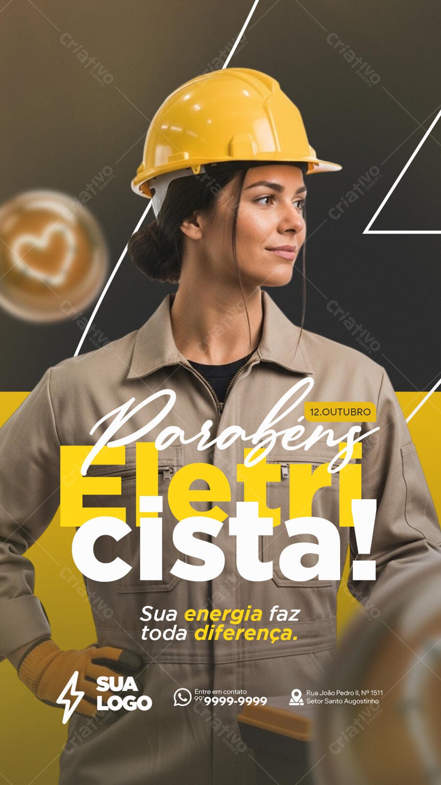 Flyer Dia do Eletricista Mulher Capacete Amarelo PSD Editável