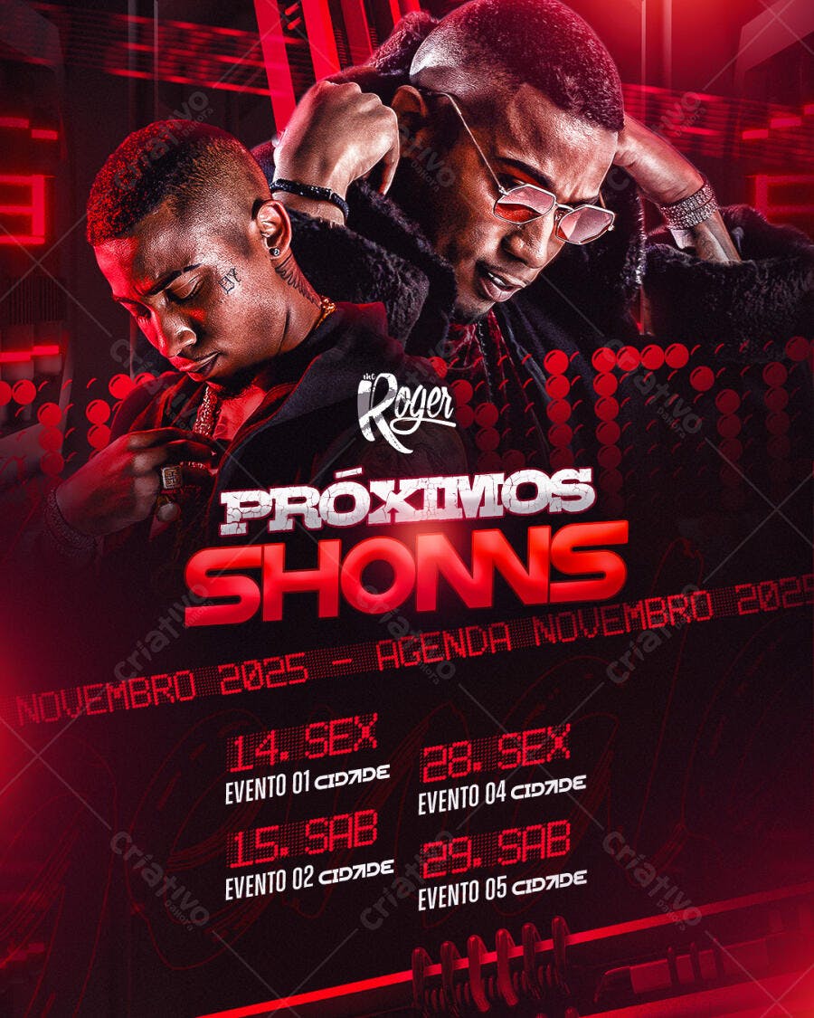Flyer Próximos Shonns Agenda Novembro 2025 Artistas de Música Urbana PSD Editável