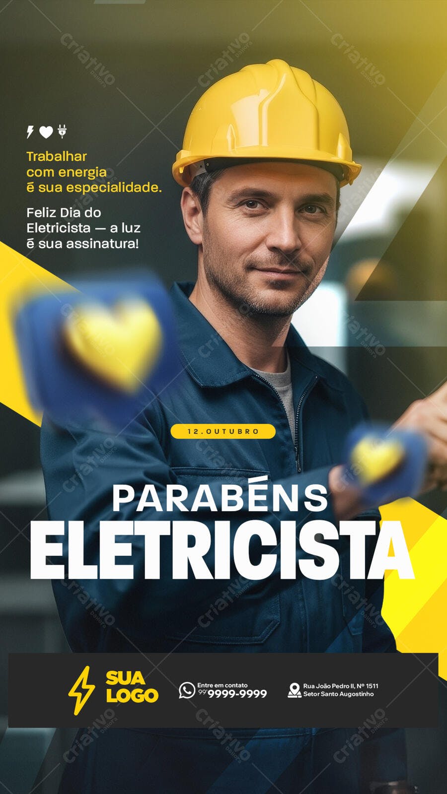 Flyer Dia do Eletricista 12 Outubro Homem Capacete Amarelo PSD Editável