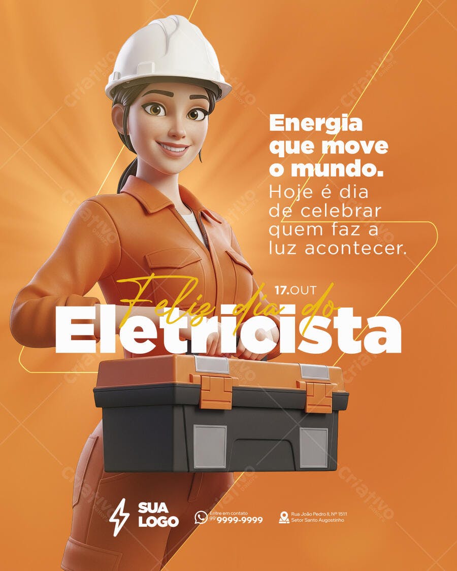 Flyer para Dia do Eletricista com Mulher Eletricista 3D e Caixa de Ferramentas PSD Editável