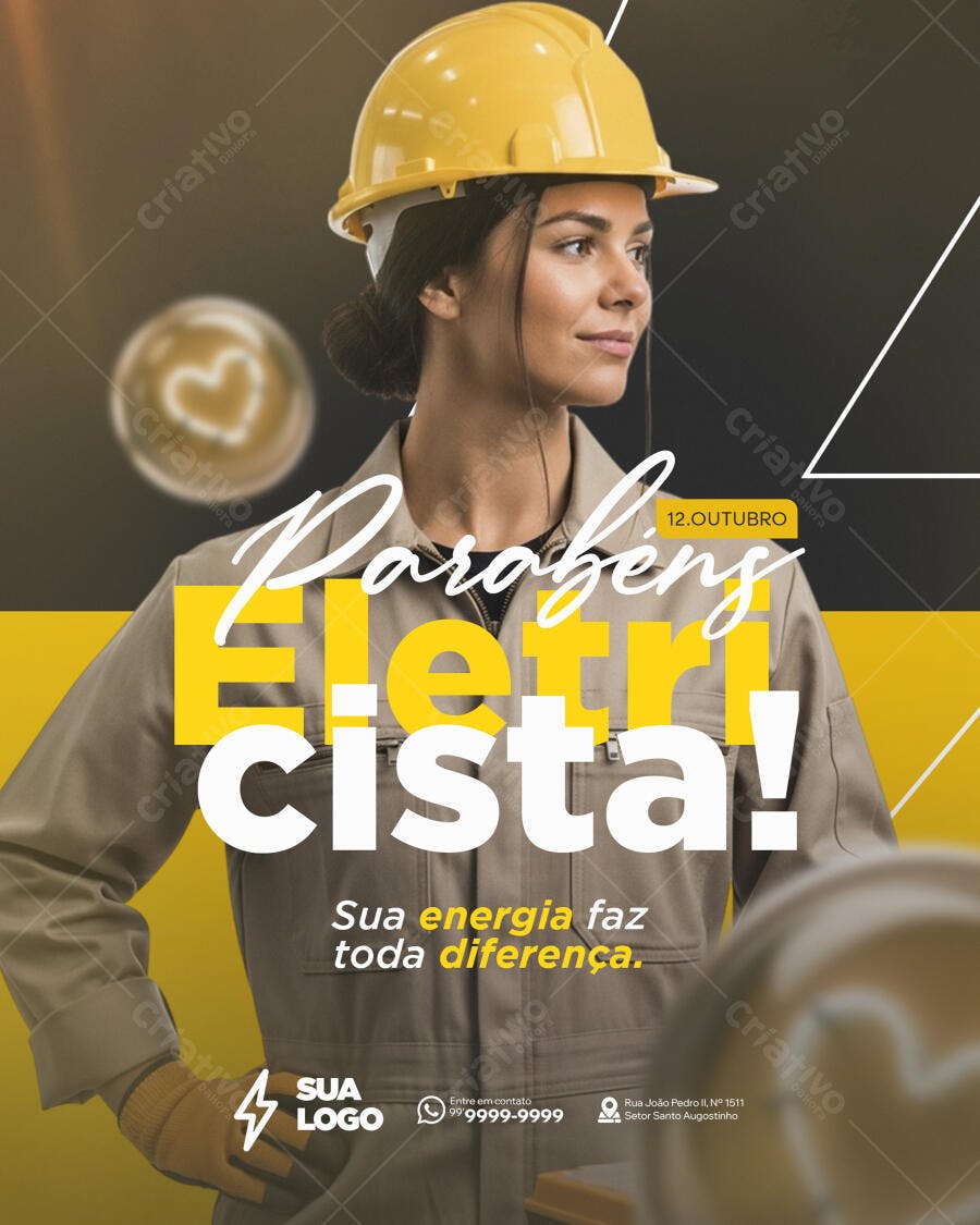 Flyer Homenagem Dia do Eletricista com Mulher Capacete Amarelo PSD Editável
