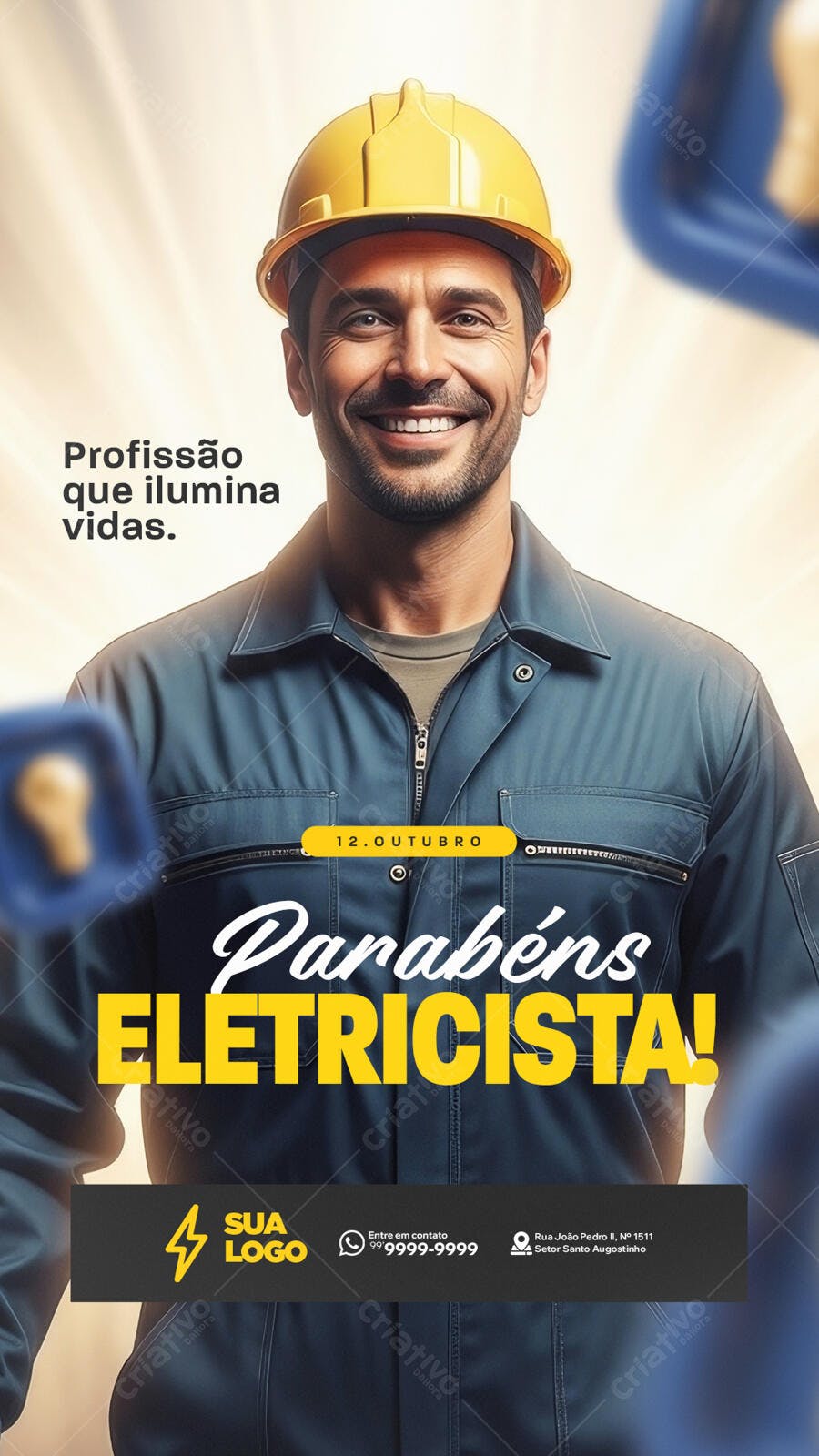 Flyer Parabéns Eletricista Homem Sorridente Capacete Amarelo PSD Editável