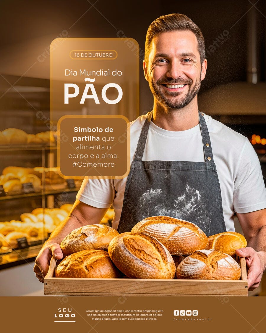 Flyer Dia Mundial do Pão com Padeiro Artesanal Sorridente PSD Editável