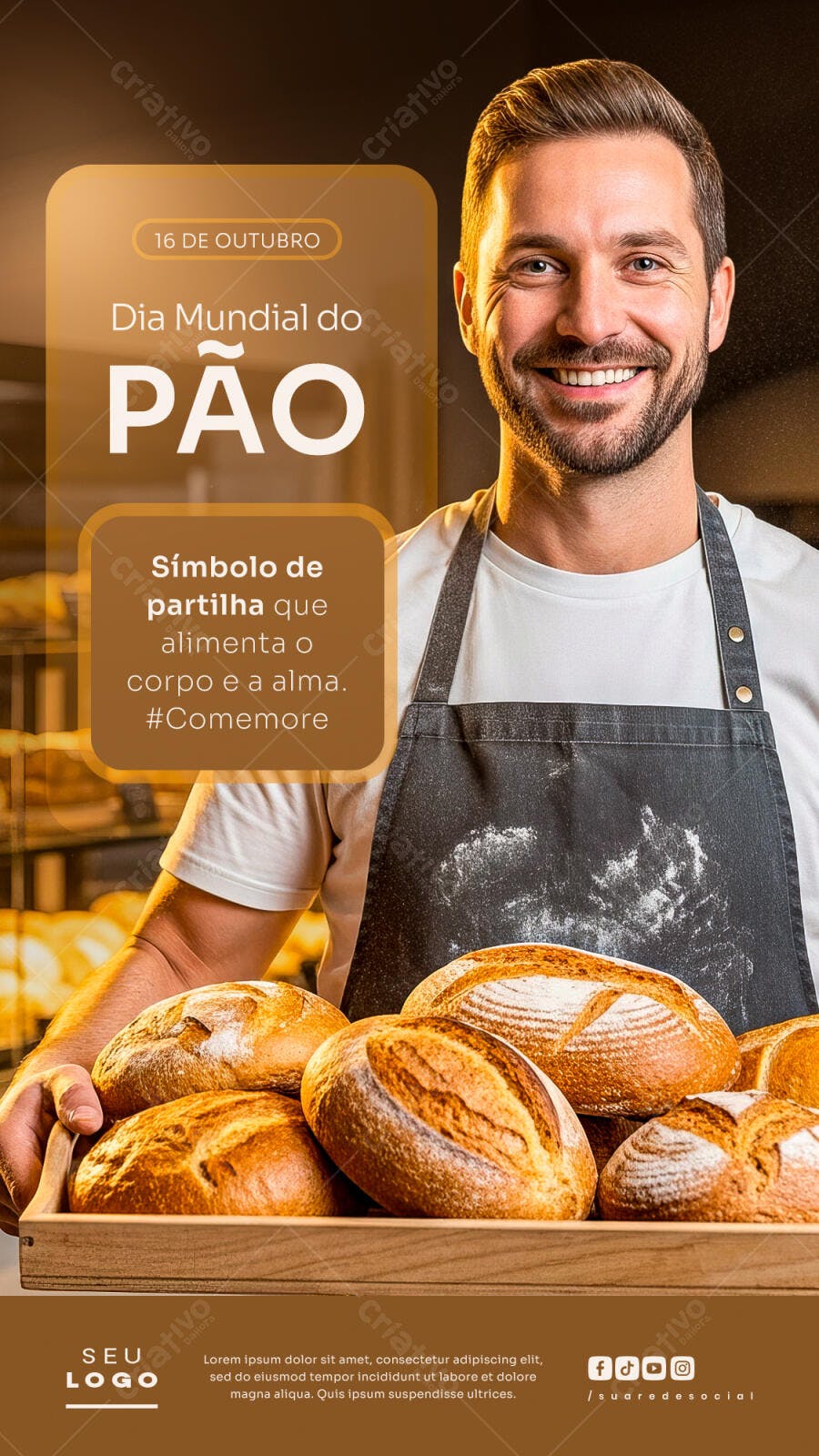 Flyer Dia Mundial do Pão Padeiro Sorridente e Pães Artesanais Psd Editável