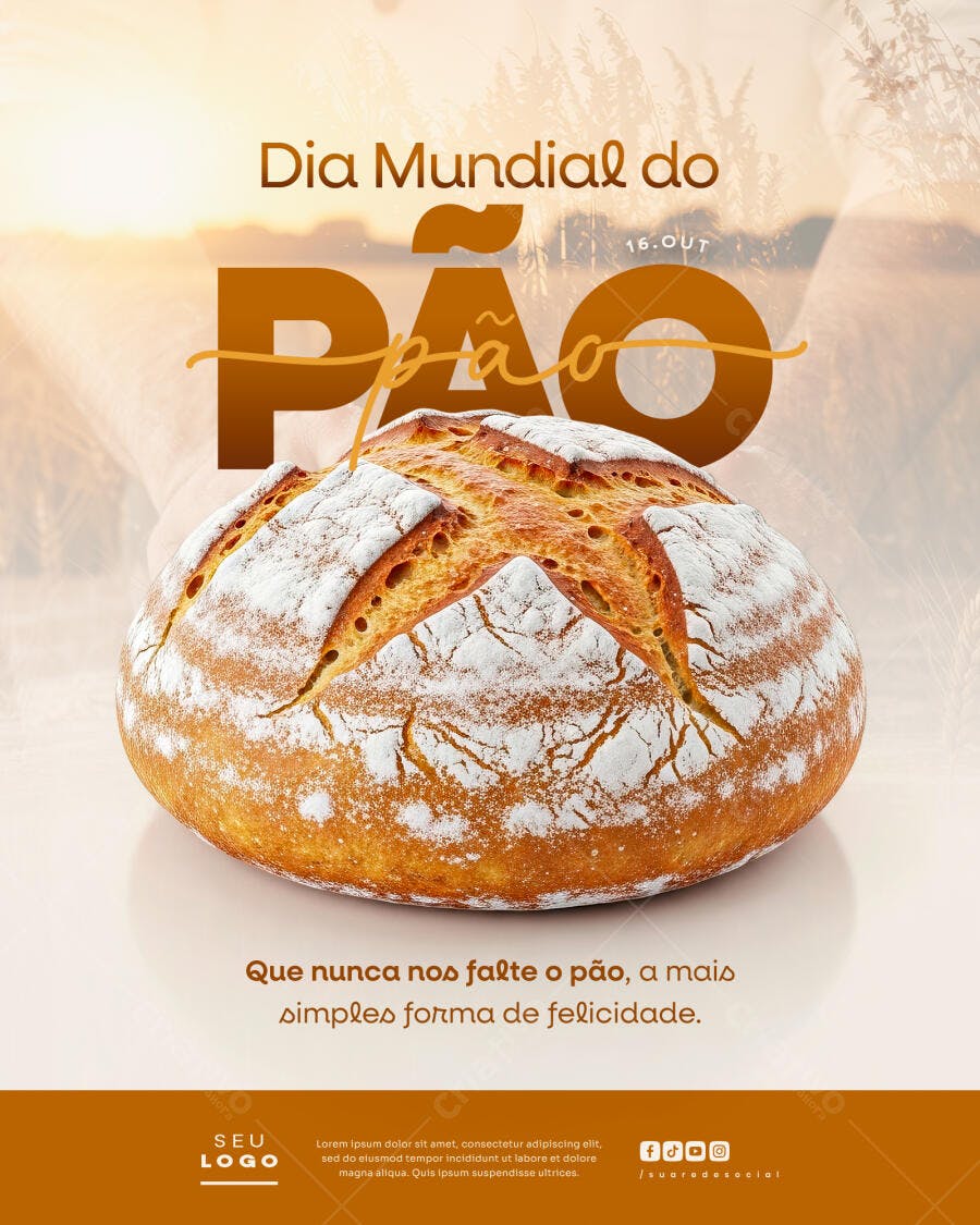 Flyer Dia Mundial do Pão Rústico Dourado PSD Editável