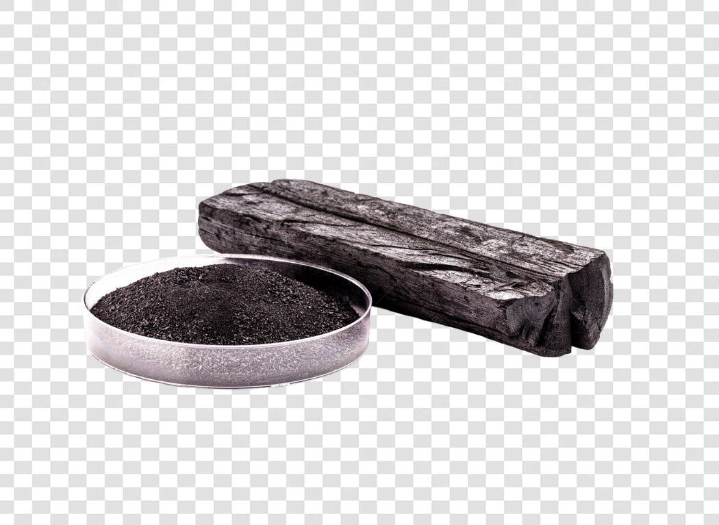 Elemento Carvão Vegetal Ativado Bloco e Pó Preto PNG com fundo transparente