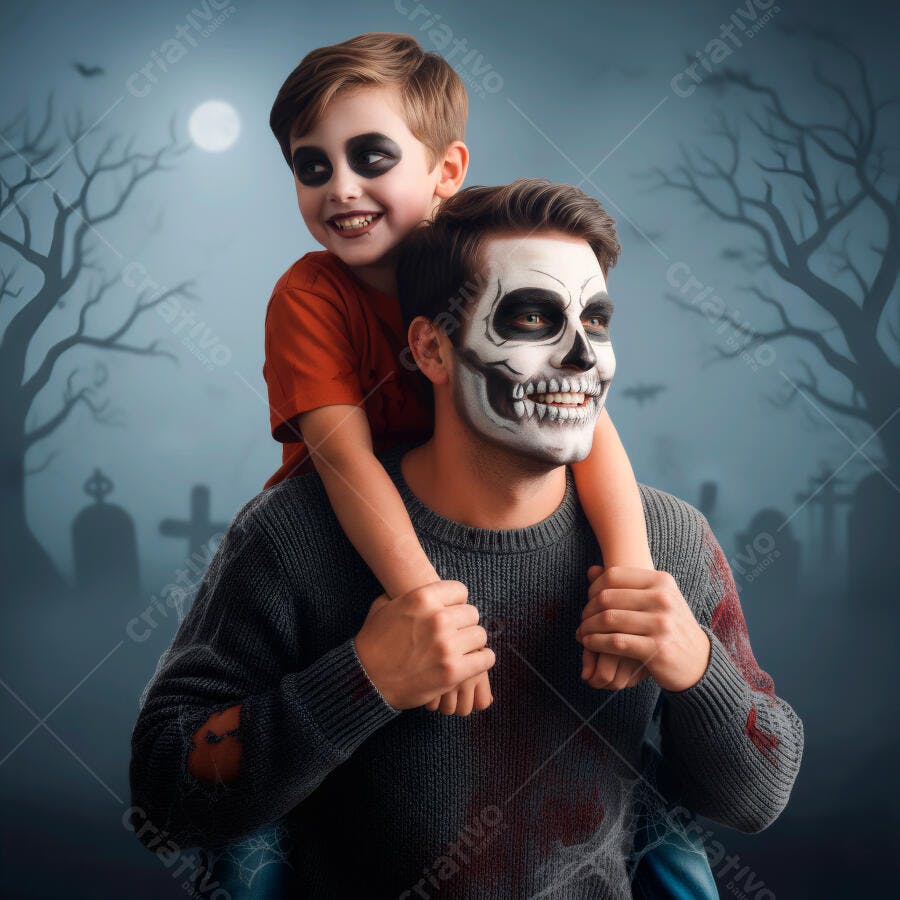 Pai e filho caucasianos sorrindo com maquiagem de Halloween em cemitério assustador noite