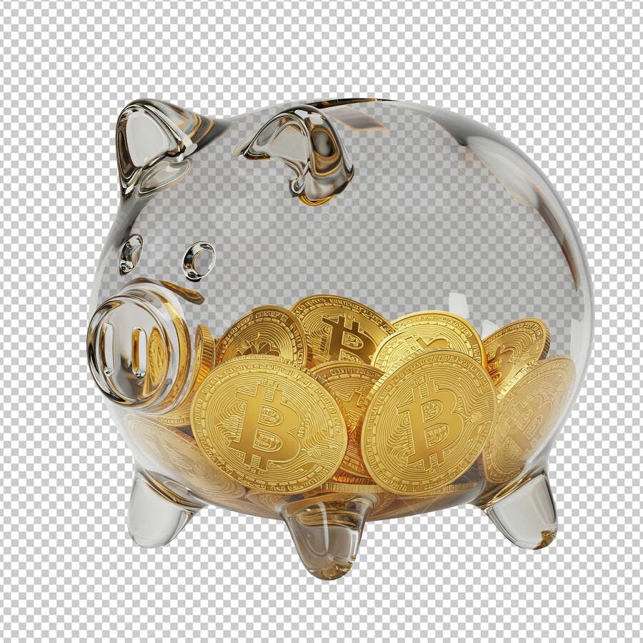 Ilustração 3D Cofre Porco Transparente Bitcoins Dourados PNG com fundo transparente