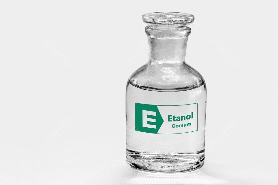 Frasco de vidro com etanol comum em fundo branco laboratorial