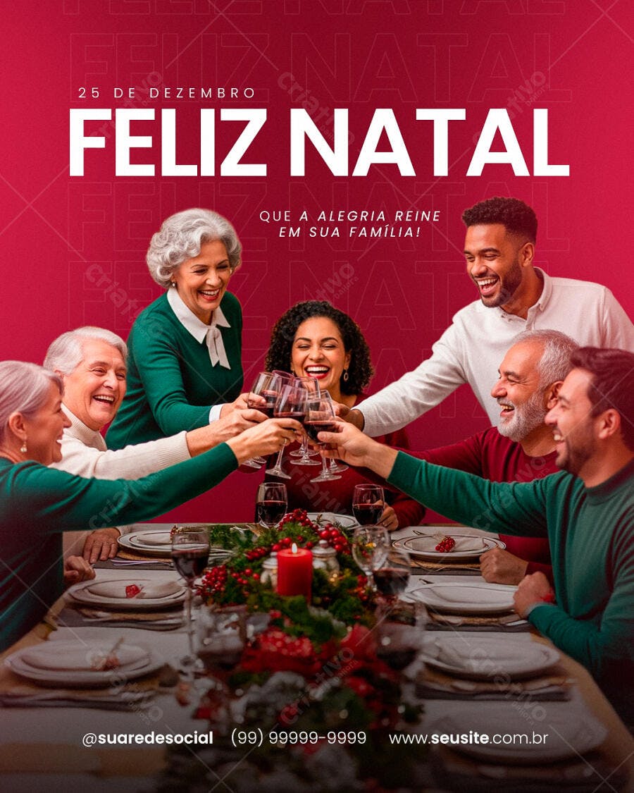 Flyer Feliz Natal Família Brindando Vinho Ceia Festiva PSD Editável