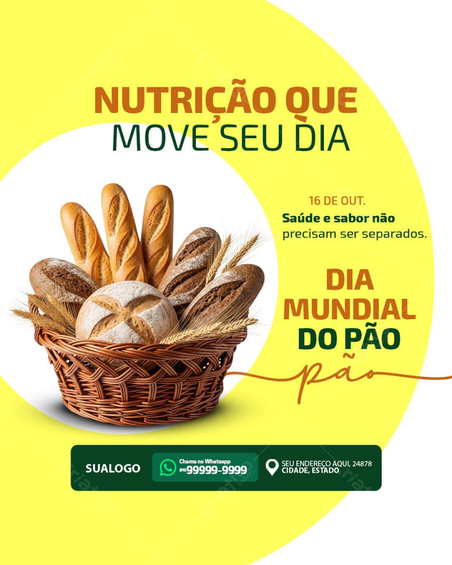 Flyer Dia Mundial do Pão com Cesta de Pães PSD Editável