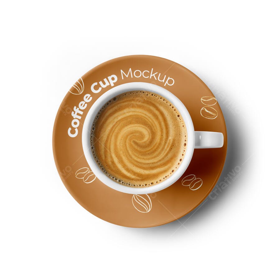 Mockup Realista de Xícara de Café com Latte Art e Pires Marrom Vista Superior