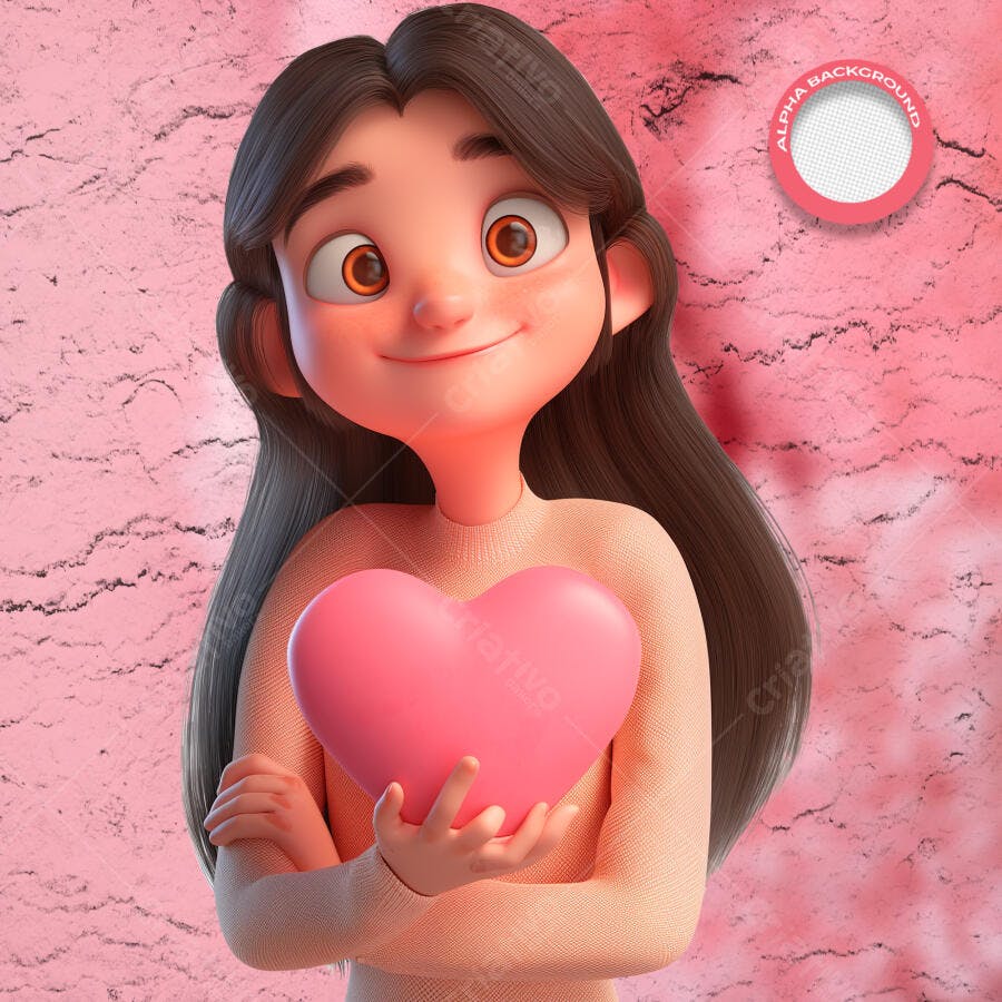 Ilustração 3D para Amor e Carinho com Garota e Coração Rosa PSD Editável
