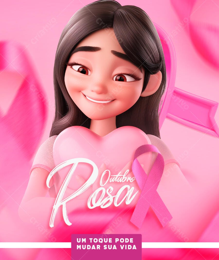 Post Redes Sociais Outubro Rosa Mulher 3D Conscientização PSD Editável