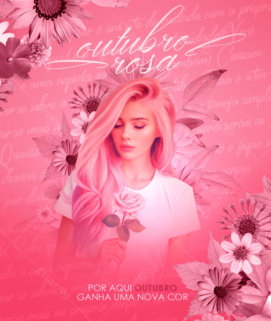 Flyer Outubro Rosa Mulher Cabelo Rosa Flor e Fundo Floral PSD Editável
