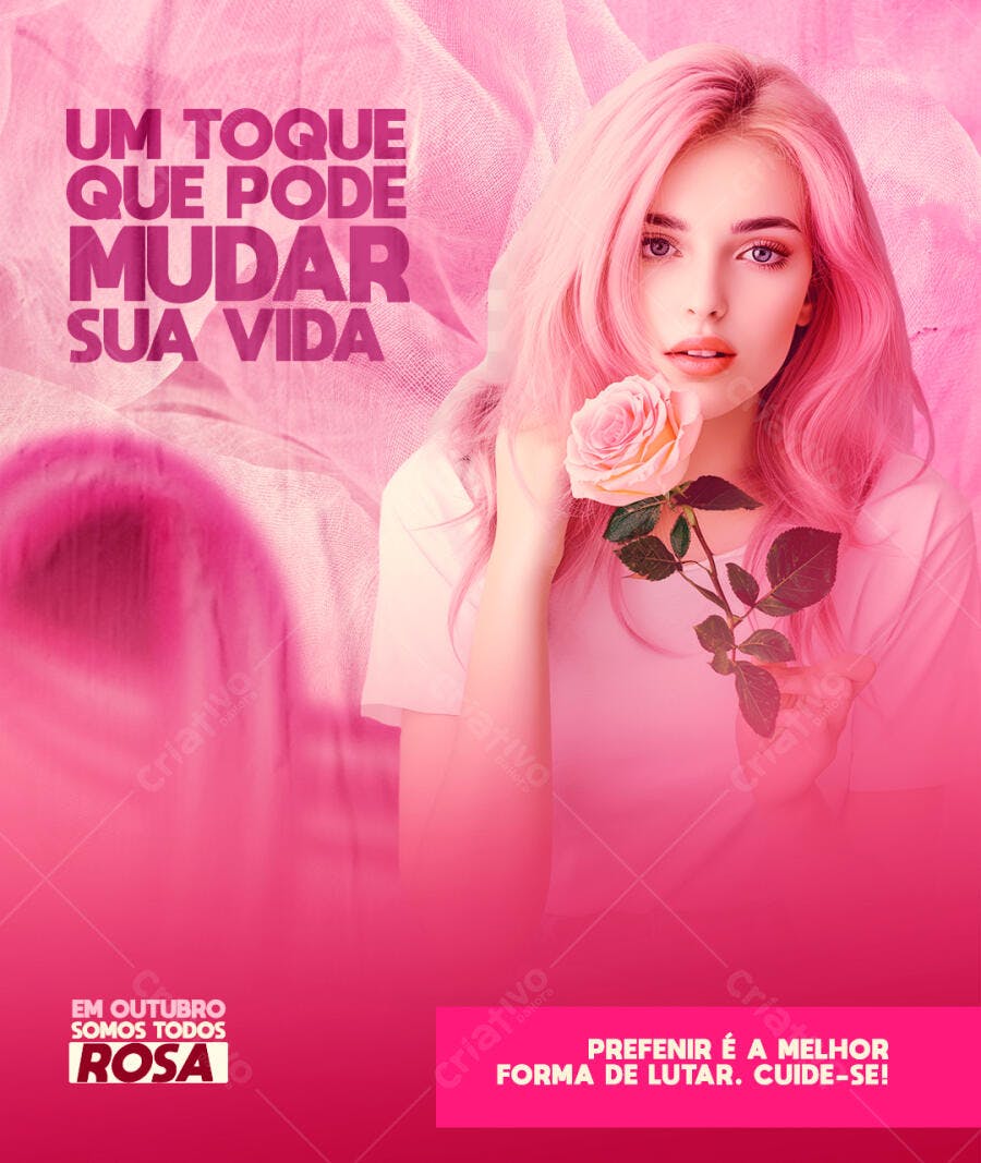 Flyer Outubro Rosa Prevenção Câncer Mulher Cabelo Rosa PSD Editável