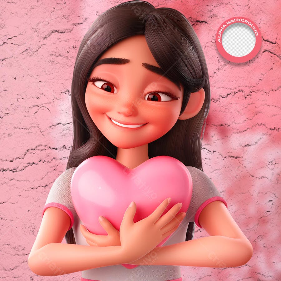 Ilustração 3D Menina Sorridente com Coração Rosa para Amor PSD Editável