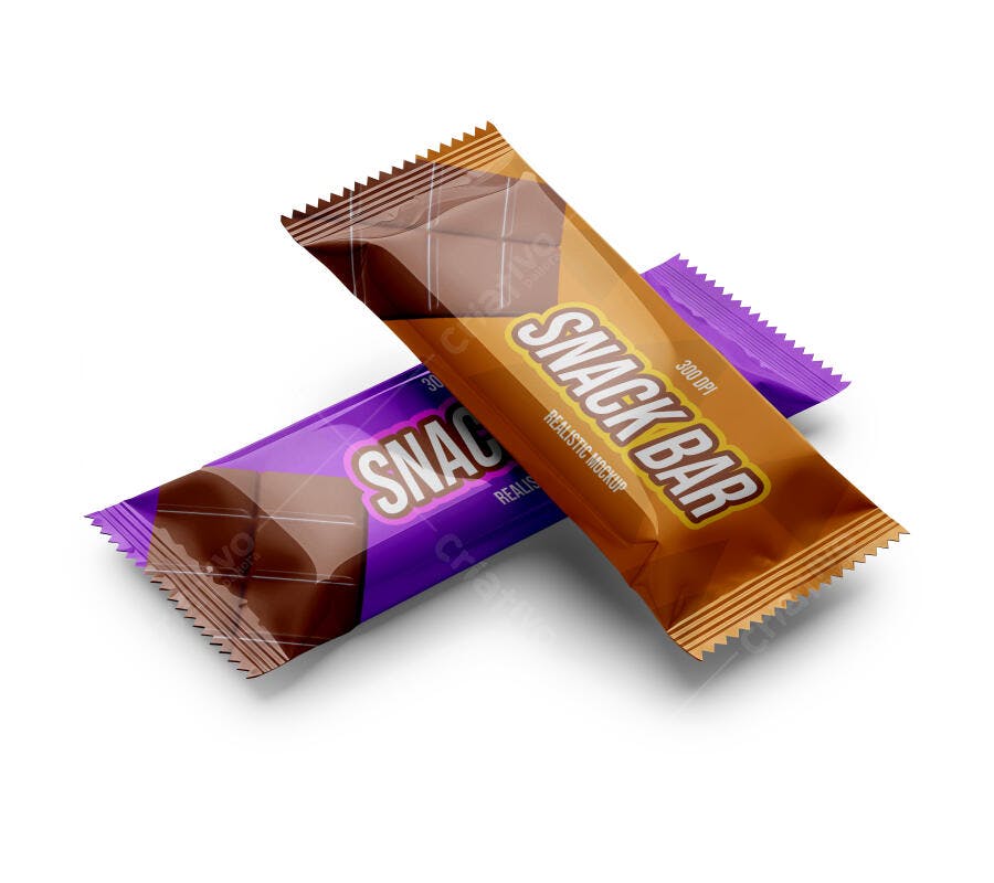 Mockup Realista de Embalagem de Barra de Snack Flexível Marrom e Roxa